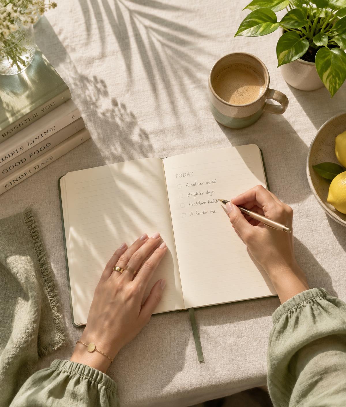 Hands writing in a notebook next to coffee and plants